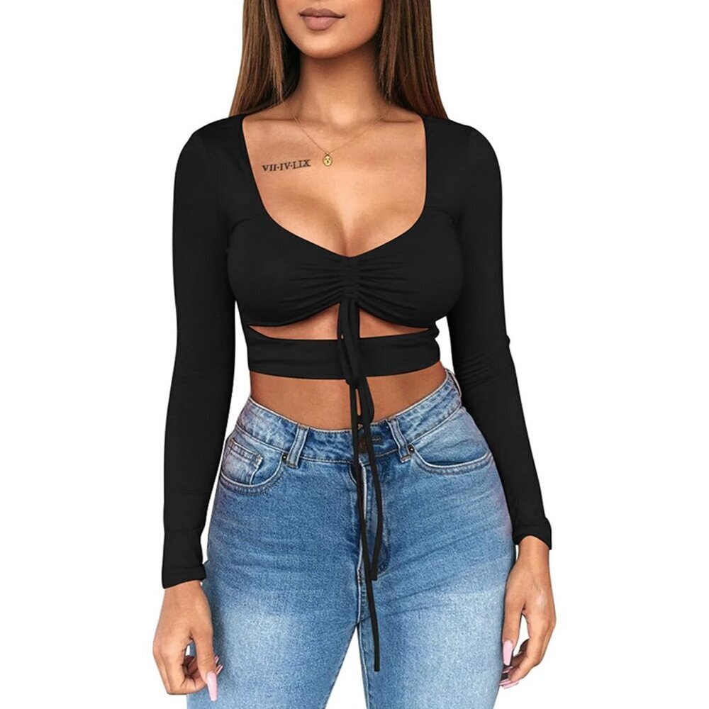 Women's Black Long Sleeve Crop Top Ruched Tie Up Cut Out Casual Night Out